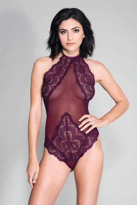 High Neck Scalloped Trim Lace Teddy With Sheer Back - One Size - Burgundy | Music Legs Teddies And Bodies High Neck Scalloped Trim Lace Teddy With Sheer Back - One Size - Burgundy | Music Legs Teddies And Bodies